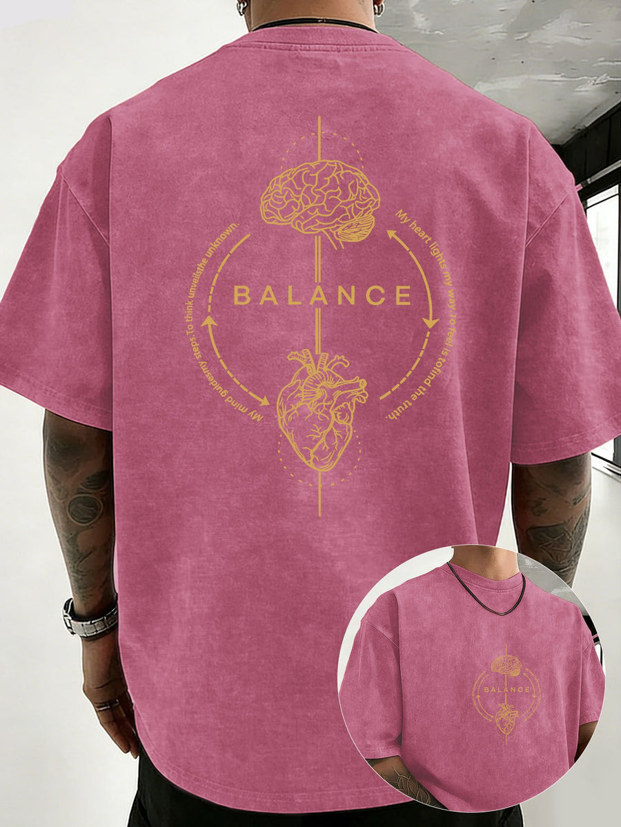 Men's 100% Cotton Washed Distressed Crew Neck Short-Sleeve T-Shirt, Balance Brain Heart Graphic Double-Sided Print, Trendy Loose Casual Tee Tops, 12 Colors Available - Rose Red