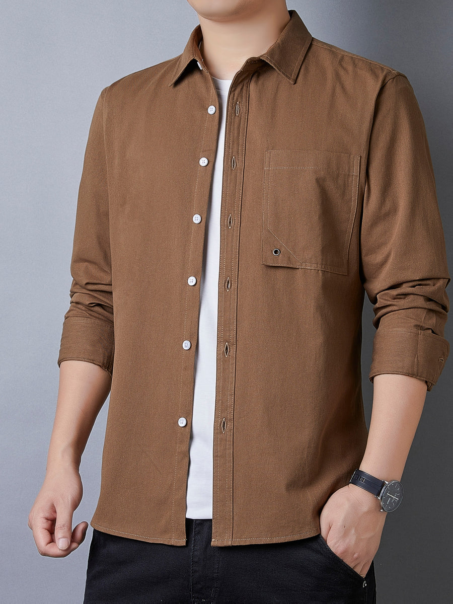 Men's Casual Pure Cotton Long-Sleeve Shirt for Spring and Autumn, Solid Color Simple Lapel Single-Pocket Shirt for Daily Commuting, Work, and Dating, Men's Top - Coffee Color