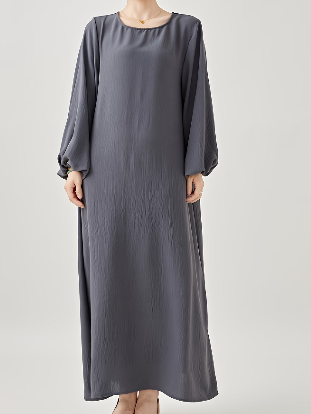 Comfortable & Casual Solid Color Muslim Dress with Bubble Pleats, Elastic Cuffs, and Flowy Hem - Polyester, Machine Washable - Grey