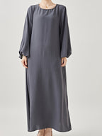 Comfortable & Casual Solid Color Muslim Dress with Bubble Pleats, Elastic Cuffs, and Flowy Hem - Polyester, Machine Washable - Grey