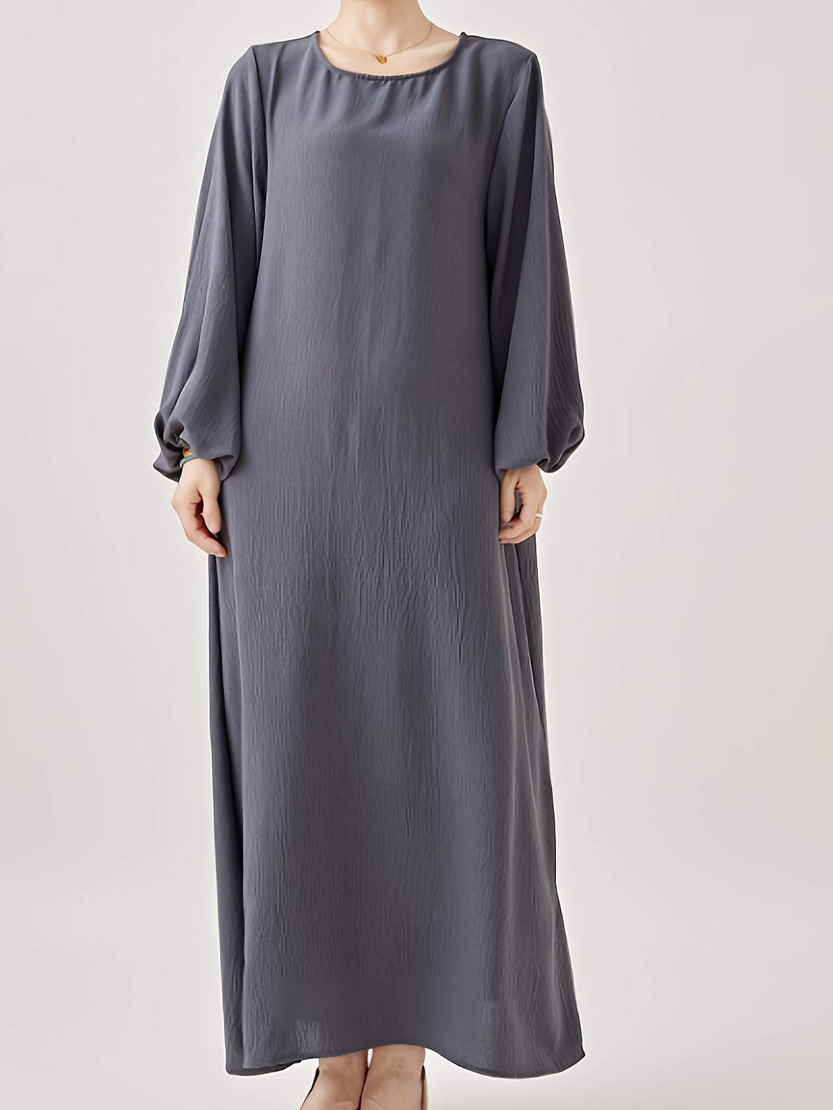 Comfortable & Casual Solid Color Muslim Dress with Bubble Pleats, Elastic Cuffs, and Flowy Hem - Polyester, Machine Washable - Grey