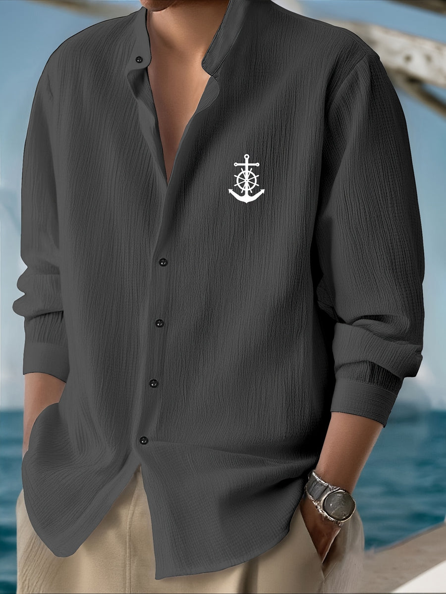 Men'S Casual Lightweight Long Sleeve Shirt - Autumn Quick-Dry Breathable Material Quality Fabric, Print Pattern - Stand Collar Design Button-Up Top, Suitable for Vacation And Commute, Formal Casual Shirt - Trendy Fashion Streetwear Men'S Clothing - Dark Gray