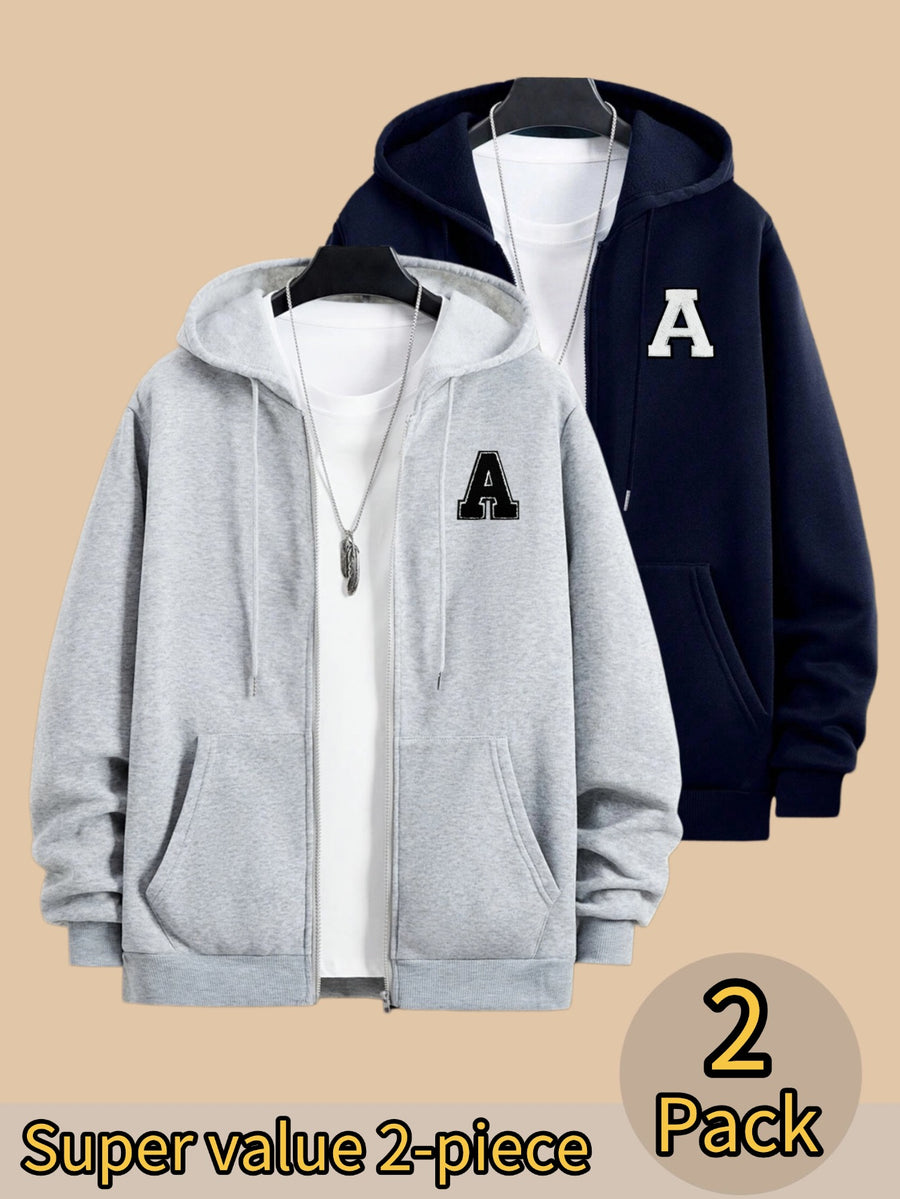 50% Cotton, 50% Polyester, 2-Pack Men's Zippered Hooded Fleece-Lined Sweatshirt, Men's Clothing, Long-Sleeve Fleece Jacket, Zippered Top, Hooded Sweatshirt, Pockets, Drawstring, Suitable for Outings, Casual Wear, Back-to-School Season - Light Grey+Navy Blue