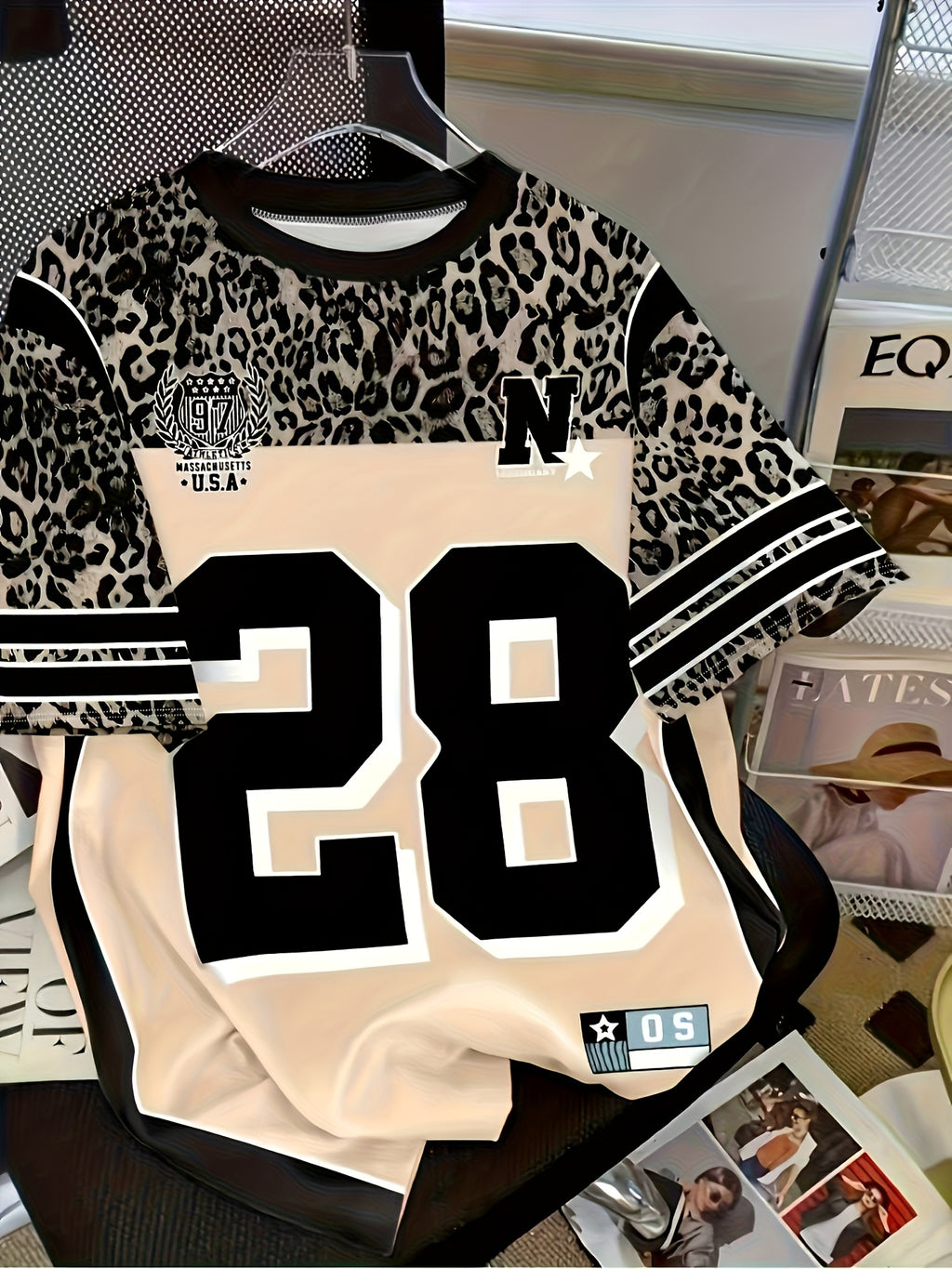 Retro Casual Leopard Print Outfit, Digital Pattern Design, Street Style, Short Sleeve Top, Back-To- Attire, Women'S Teacher Wear, Back-To- Festival Outfit Digital 28 - Multicolor