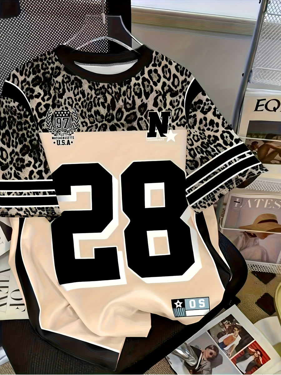 Retro Casual Leopard Print Outfit, Digital Pattern Design, Street Style, Short Sleeve Top, Back-To- Attire, Women'S Teacher Wear, Back-To- Festival Outfit Digital 28 - Multicolor