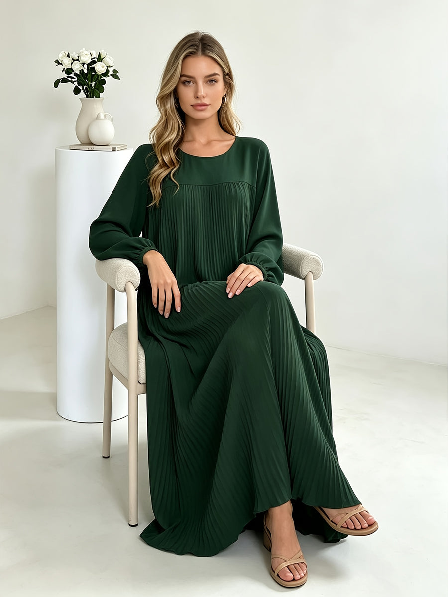 1pc Elegant Holiday Fashion Versatile Loose Pleated Back Zipper Solid Color Women's Robe, Suitable for Daily Wear, Comfortable, Casual, and Loose-Fitting. Women's Robe, Muslim Long-Sleeve Dress, Women's Maxi Dress - Dark Green