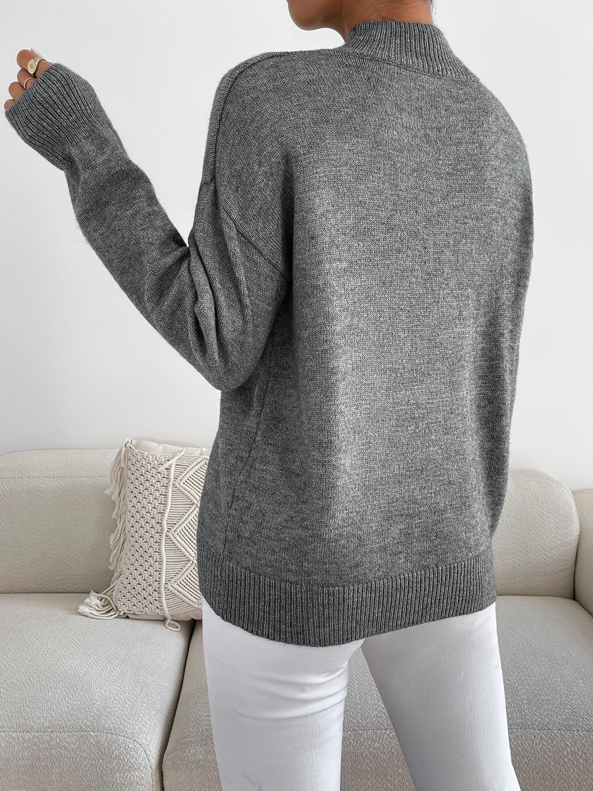 Women's Solid Color Elegant Mock Neck Long Sleeve Drop Shoulder Pullover Sweater - Dark Gray