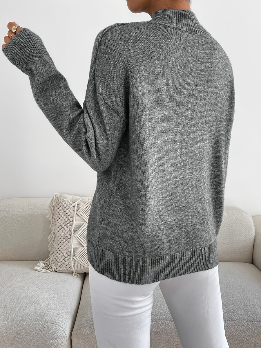 Women's Solid Color Elegant Mock Neck Long Sleeve Drop Shoulder Pullover Sweater - Dark Gray