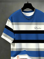 Printed Design, Non-textured Men's Casual Crew Neck T-shirt, Striped Color-block Pattern, Drapey and Stylish Top, Suitable for All Seasons, Breathable Regular Fit for Daily and Formal Wear - Crew Neck Casual Top, Comfortable to Wear, Pockets - Mixed Color 1