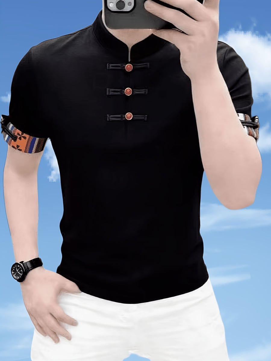 Men'S Chinese Style Short Sleeve Polo Shirt, Short Sleeve T-Shirt, Men'S Top with Button Design, Individual Colored Buttons, Designer Style - 10321D-3280