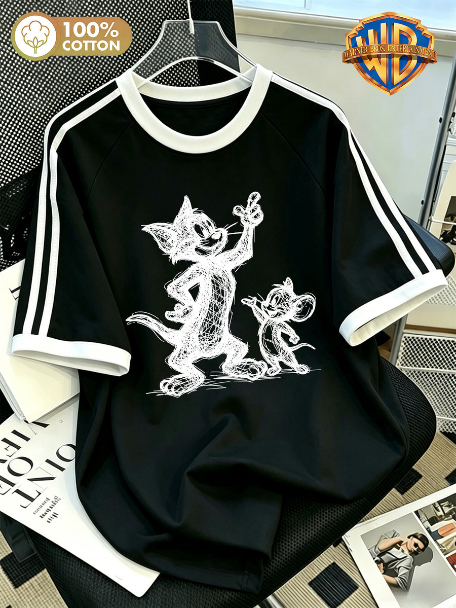 Officially Licensed by Warner Bros., Featuring a Print of Two Classic Animated Characters in a Sketch-Style Design. 100% Crew-Neck Short-Sleeve T-Shirt - Wrinkle-Resistant, Comfortable, And Breathable, with Striped Drop-Shoulder Sleeves. Unisex - Black