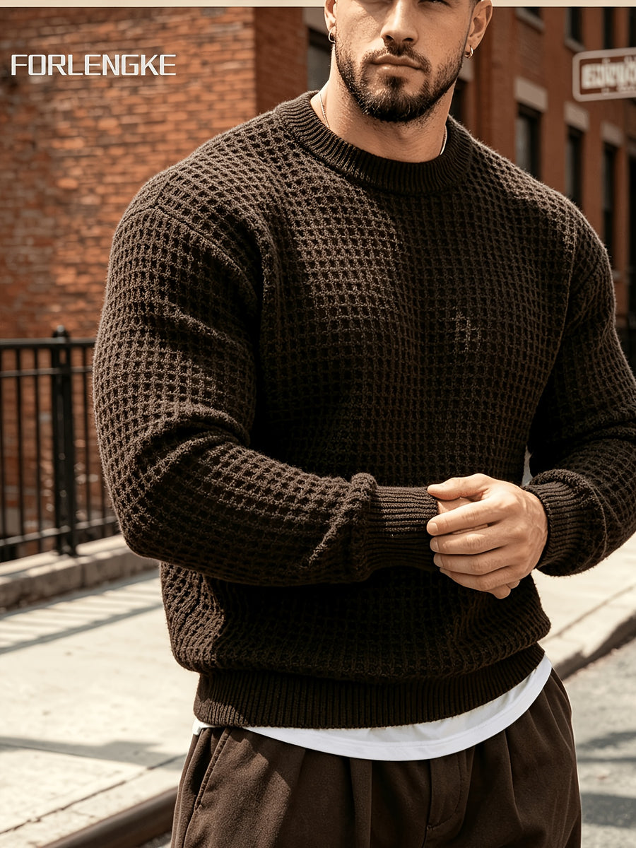 FORLENGKE Autumn/Winter New Arrival Men's Round Neck Waffle Knit Sweater, Three-Dimensional Checkered Weave Texture, Loose Fit Long Sleeve Pullover, Solid Color Basic Style for Daily Streetwear, Commuting, Simple and Versatile, Casual Inner or Outer - Coffee Color