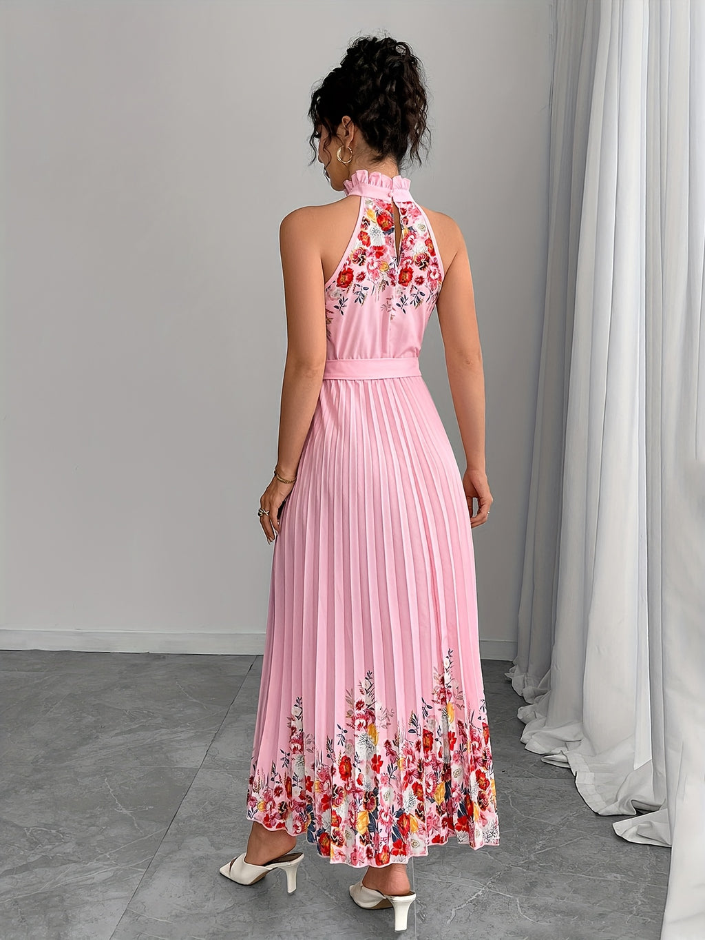 Elegant Romantic Ruffled Neckline And Waist Tie A-Line Pleated Gradient Maxi Dress - Pink