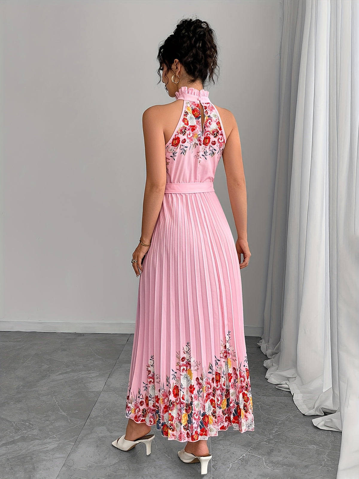 Elegant Romantic Ruffled Neckline And Waist Tie A-Line Pleated Gradient Maxi Dress - Pink