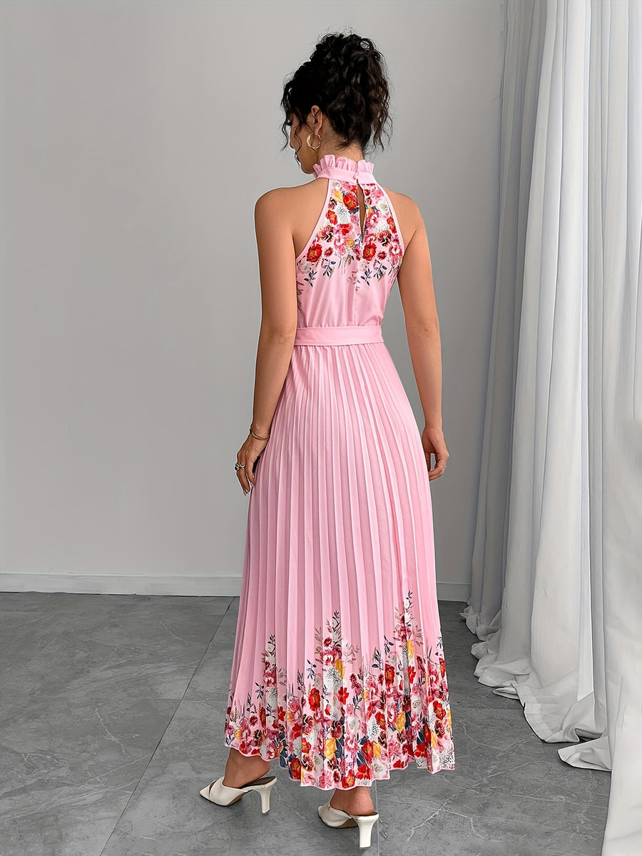 Elegant Romantic Ruffled Neckline And Waist Tie A-Line Pleated Gradient Maxi Dress - Pink