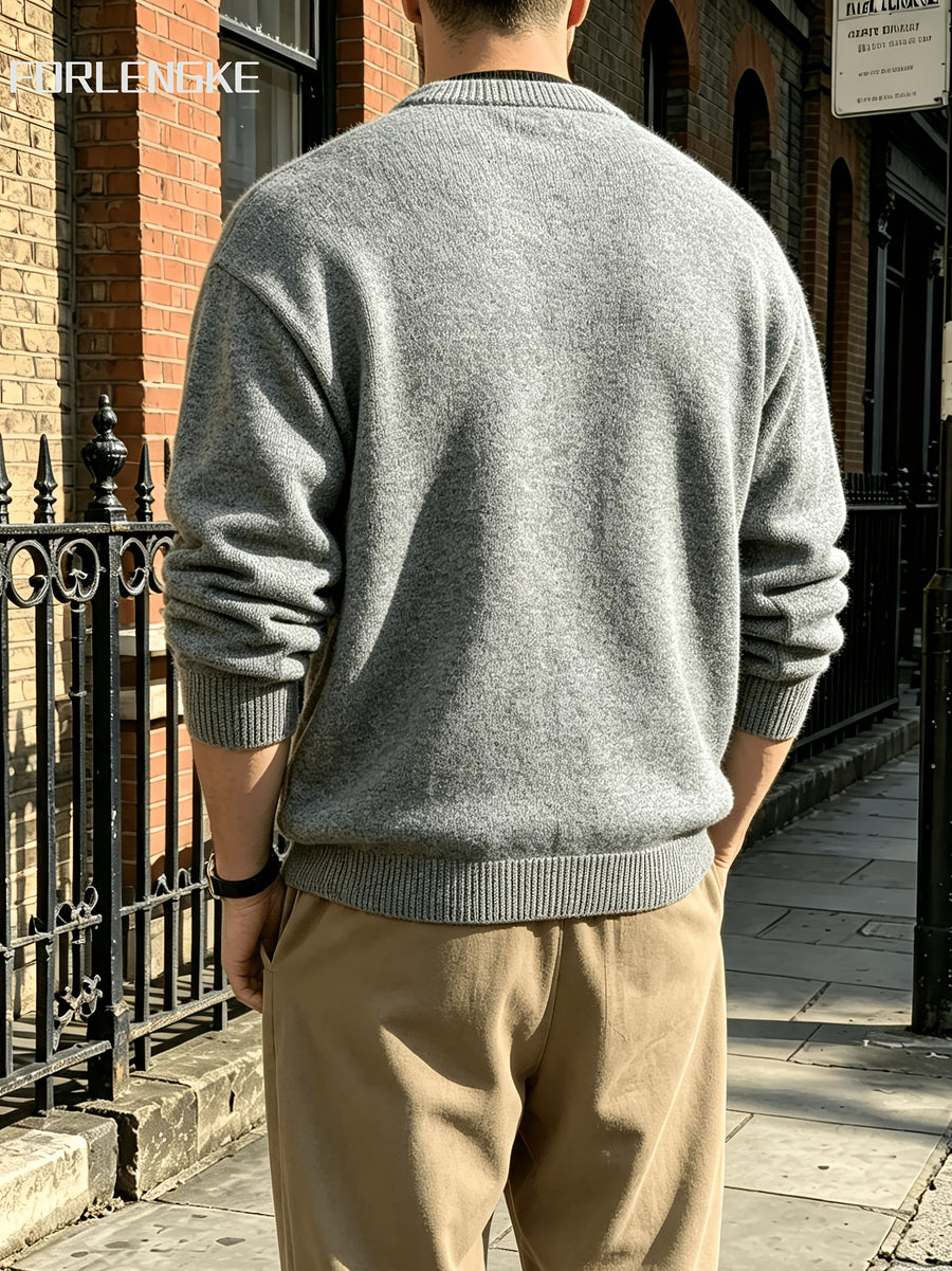 FORLENGKE Autumn/Winter New Arrival Men's Solid Color Long-Sleeve Button-Up Knit Sweater, Soft and Fine Knitted Fabric, Vintage Casual Style, Versatile Pullover for Daily Outings and Outerwear - Grey