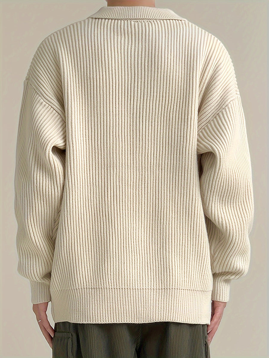 Men's Casual Knit Cardigan - Solid Color, Button-Up with Lapel Collar, Loose Fit for Fall/Winter - Apricot