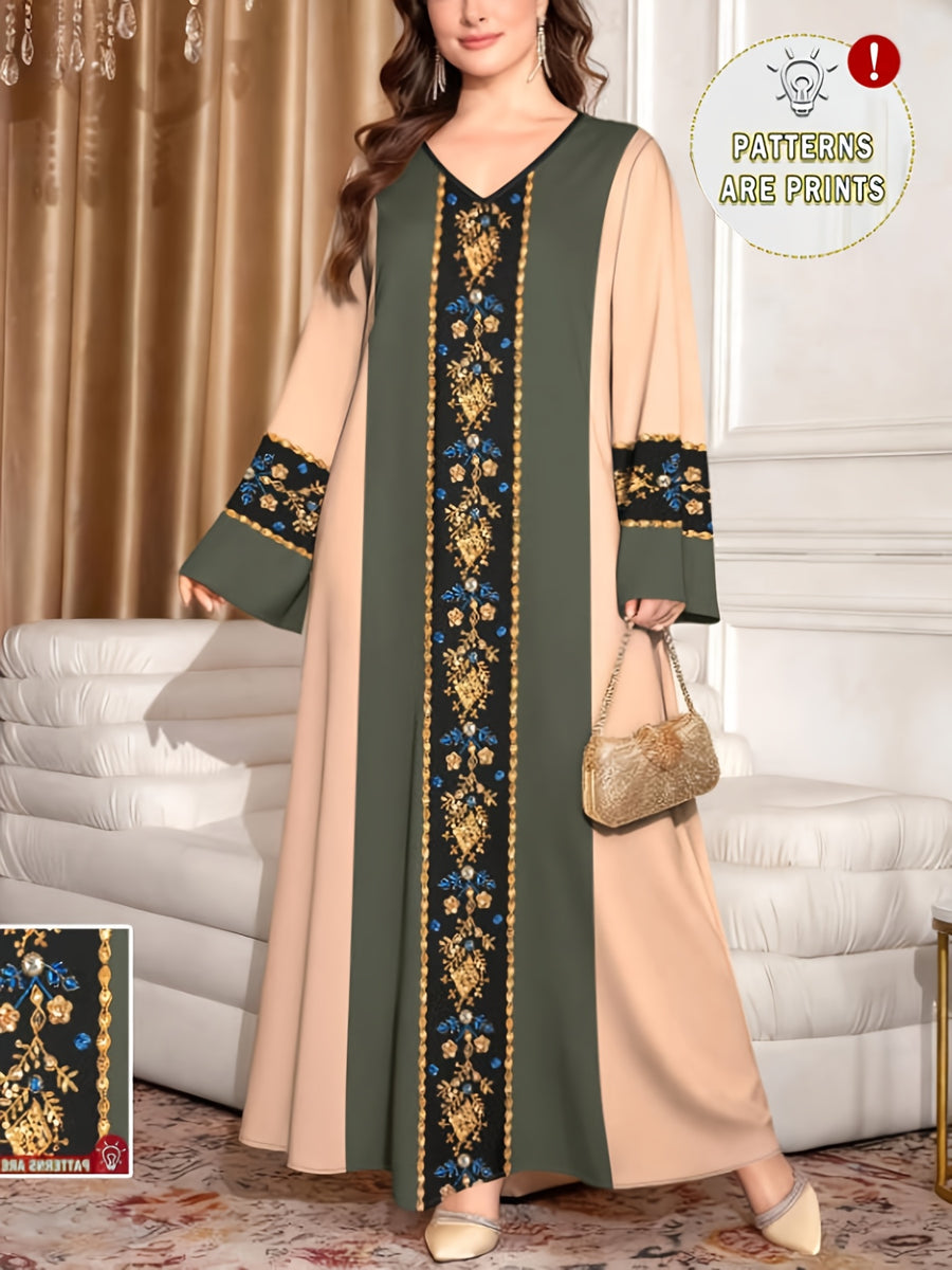 Women's Middle Eastern/European Ethnic Robe Dress - V-Neck -Line Maxi Dress with Arabic/Najdi Suitable for Daily Wear, Commuting, Parties | Loose Fit Long Sleeve Dress for, Hajj, Ramadan | Traditional Dress - ginger-colored