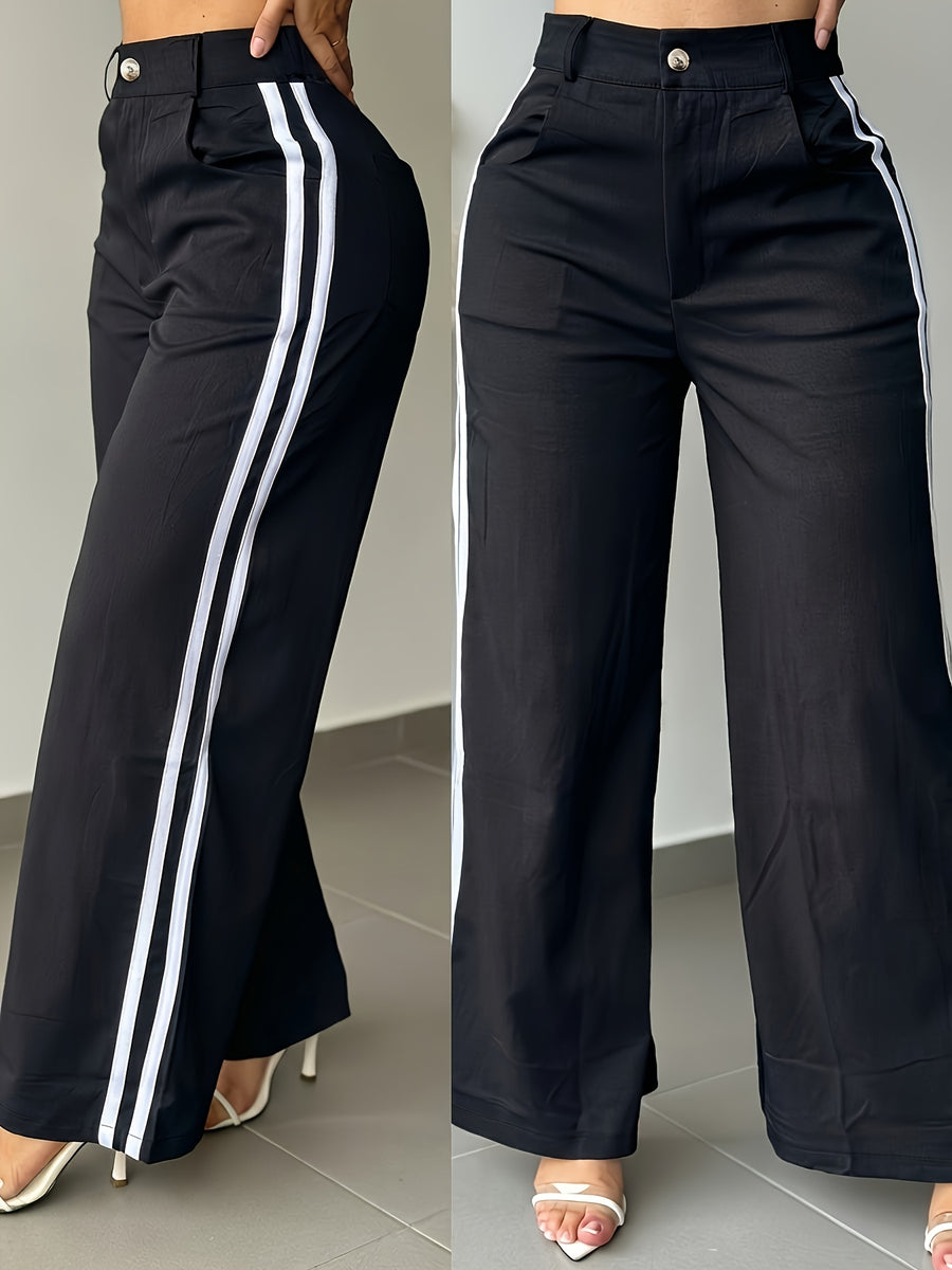 Spring and Autumn Women's Long Pants, Wide-Leg Pants with White Side Stripes, Vintage Fashionable Pants for a Tall and Look, Casual Trousers - Black