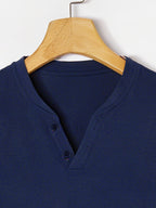 Men'S Summer Solid Short Sleeve T-Shirt, Button-Up V-Neck Casual Top, Soft And Comfortable Linen Fabric, Suitable for Daily Home And Outdoor Wear - Purplish Blue