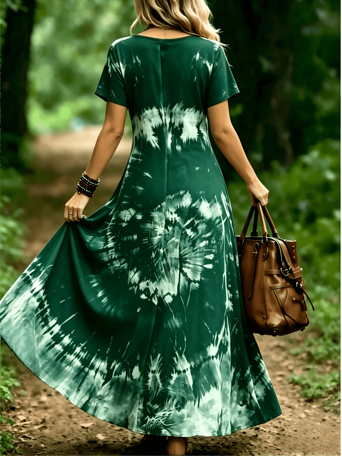 Plus Size, Plus-size Women's V-neck Dress for Spring/summer, Bohemian Style, Comfortable and Lightweight, Perfect for Beach Vacations, Fashionable and Versatile - Dark Green