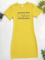 Calvin Women's Leopard Print T-Shirt Dress - Casual Short Sleeve Round Neck, Elastic Waist & Machine Washable, Spring Summer Daily Wear, Weekend Attire, Trendy Style, Comfortable Fabric, Women - Yellow