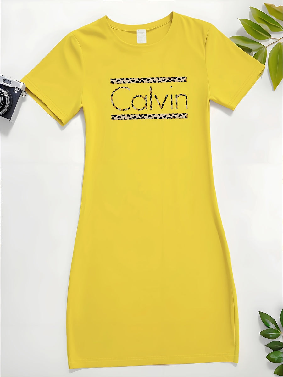 Calvin Women's Leopard Print T-Shirt Dress - Casual Short Sleeve Round Neck, Elastic Waist & Machine Washable, Spring Summer Daily Wear, Weekend Attire, Trendy Style, Comfortable Fabric, Women - Yellow