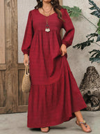 Plus Size, Plus Size Women's Solid Color Textured Long Sleeve Maxi Dress, V-Neck Puff Sleeve Waist-Cinching Layered Cake Dress, Loose Vacation Dress, Elegant Dress for Spring/Autumn/Winter - Burgundy
