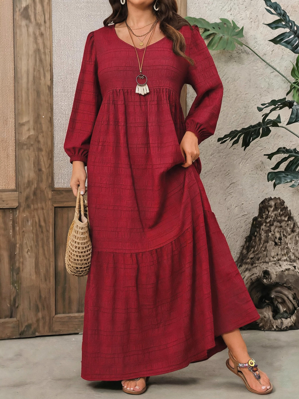 Plus Size, Plus Size Women's Solid Color Textured Long Sleeve Maxi Dress, V-Neck Puff Sleeve Waist-Cinching Layered Cake Dress, Loose Vacation Dress, Elegant Dress for Spring/Autumn/Winter - Burgundy