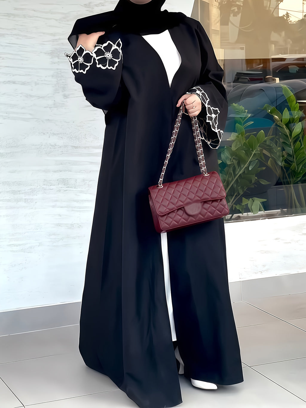 1pc Women's Elegant Floral Embroidered Saudi Arabian Abaya - Open Front Long Sleeve Loose Fit Islamic Dress, Middle Eastern Traditional Attire for Daily Wear, Vacation, Parties & Gatherings, Muslim Dress - Black