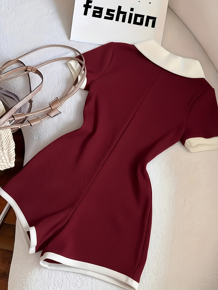 1 Piece of Color-blocked Elegant Slim-fit Lapel Mini Jumpsuit with White Trim, a for Back-to- Season and Daily Wear - Burgundy