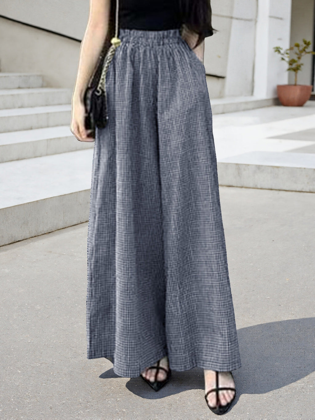 Women'S Spring And Summer Fine Checkered Wide-Leg Pants, Elastic Waist High Waist Drape, And Casual Floor-Length Trousers - Blue