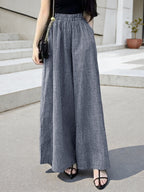Women'S Spring And Summer Fine Checkered Wide-Leg Pants, Elastic Waist High Waist Drape, And Casual Floor-Length Trousers - Blue