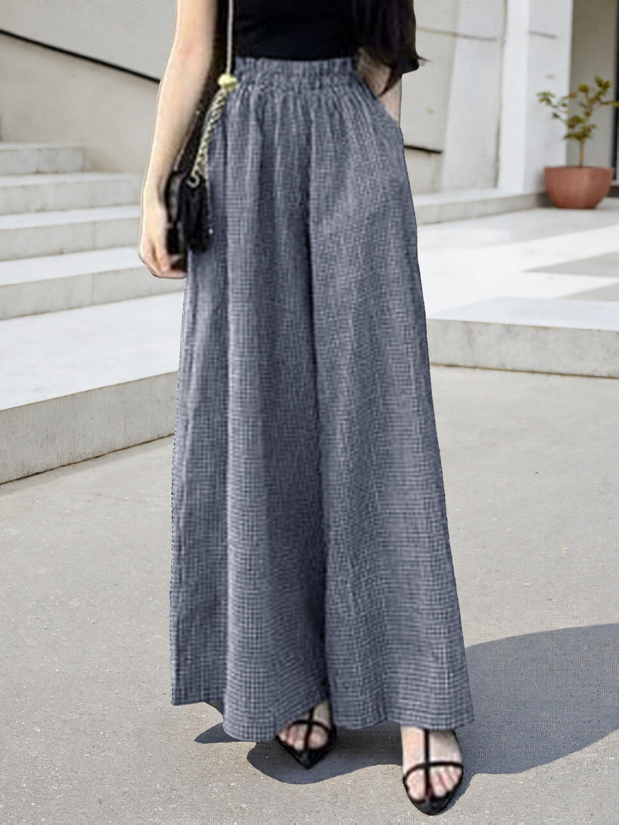 Women'S Spring And Summer Fine Checkered Wide-Leg Pants, Elastic Waist High Waist Drape, And Casual Floor-Length Trousers - Blue