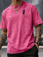Short Sleeve T-Shirt, 100% Washed Distressed Loose Fit, Front And Back Double Print of Dark Ink Warriors, Casual Street Y2K Hip-Hop Style Couple'S Daily Commute Fitness Outing Statement Top - Rose Red