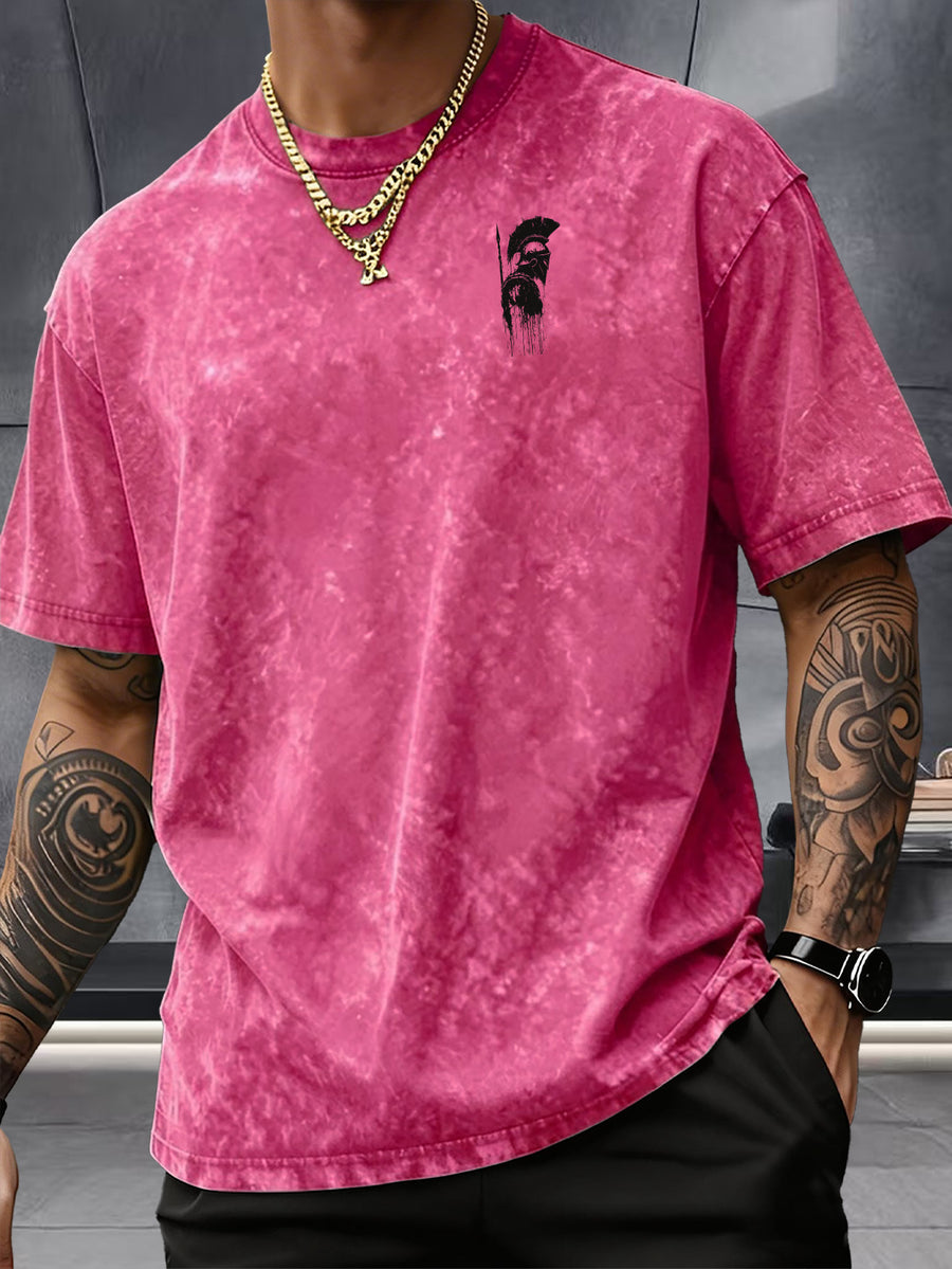 Short Sleeve T-Shirt, 100% Washed Distressed Loose Fit, Front And Back Double Print of Dark Ink Warriors, Casual Street Y2K Hip-Hop Style Couple'S Daily Commute Fitness Outing Statement Top - Rose Red