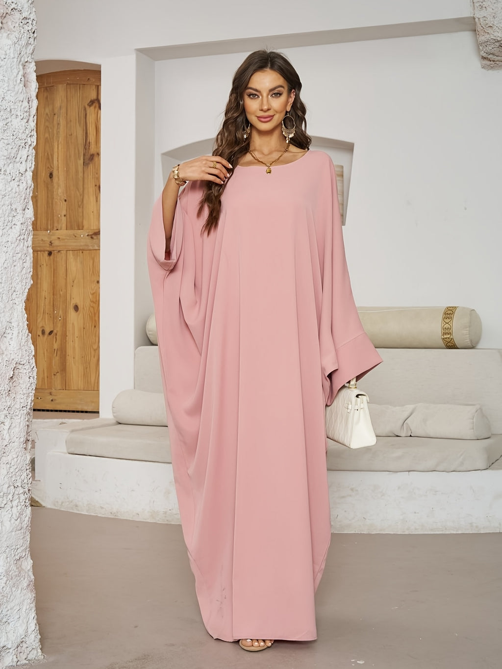 1pc (Headscarf Not Included) Elegant Vacation Fashion Wide Sleeve Solid Color Easy Breathable Comfortable No Scarf Women'S Abaya Casual Dress. Abaya, Muslim Clothing, Women'S Abayas, Muslim Robe, Elegant Abaya, Women'S Muslim Clothing, Chic Robe - Pink Color