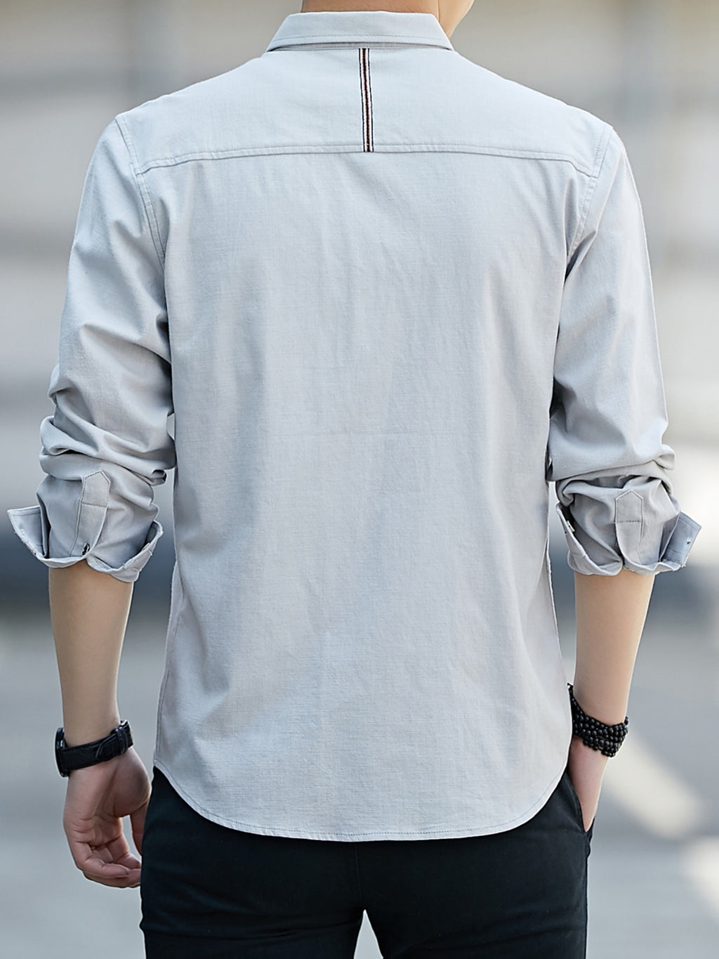Men'S Casual Shirt, Spring/Autumn Style Linen-Like Collar Long Sleeve Versatile Solid Color Shirt, Minimalist Letter Print on Chest, Slim Fit Slimming Business Casual Top, Youth Daily Commute Versatile Men'S Clothing - Light Grey