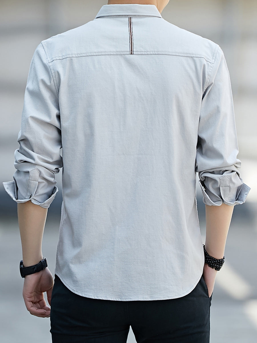 Men'S Casual Shirt, Spring/Autumn Style Linen-Like Collar Long Sleeve Versatile Solid Color Shirt, Minimalist Letter Print on Chest, Slim Fit Slimming Business Casual Top, Youth Daily Commute Versatile Men'S Clothing - Light Grey