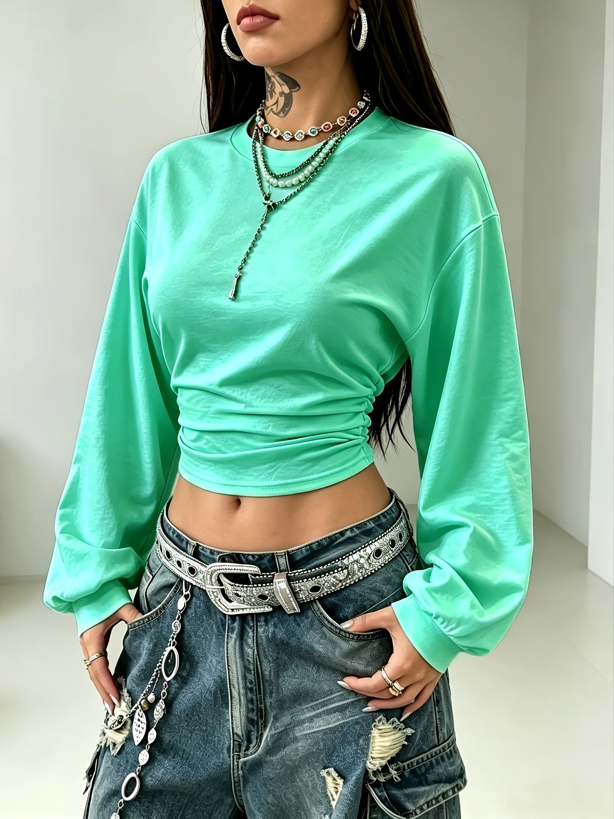 Women's Back-to- Season Basic Solid Color Pleated Asymmetrical Collar Long Sleeve Pullover Top, Autumn/Winter Casual Versatile Style,, Leisure, Dating, and Vacation Holidays in Multiple Scenarios - Mineral Green