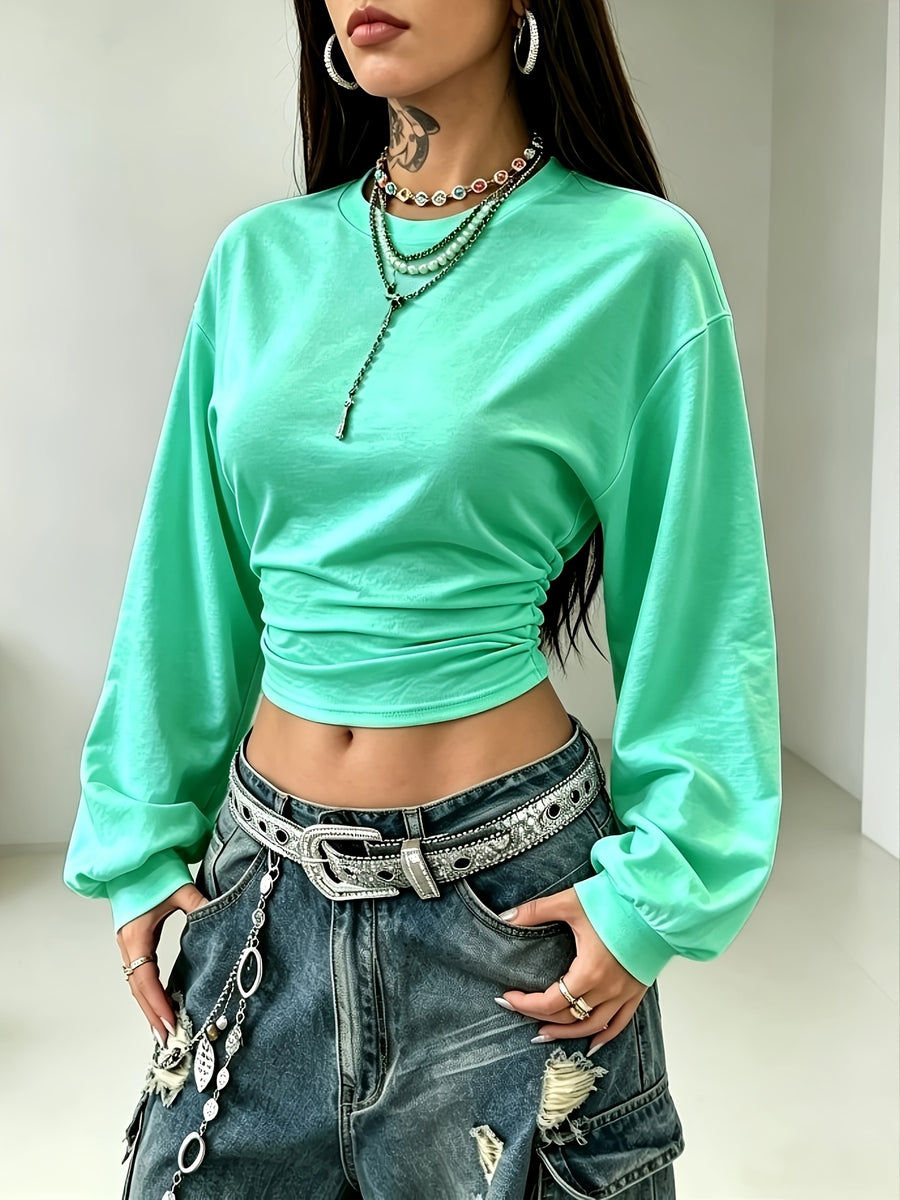 Women's Back-to- Season Basic Solid Color Pleated Asymmetrical Collar Long Sleeve Pullover Top, Autumn/Winter Casual Versatile Style,, Leisure, Dating, and Vacation Holidays in Multiple Scenarios - Mineral Green