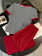 Women'S Black And White Striped Casual Set, Color-Block Trimmed T-Shirt And Red Wide-Leg Pants 2pcs Set, Spring Summer All-Match Style - Red