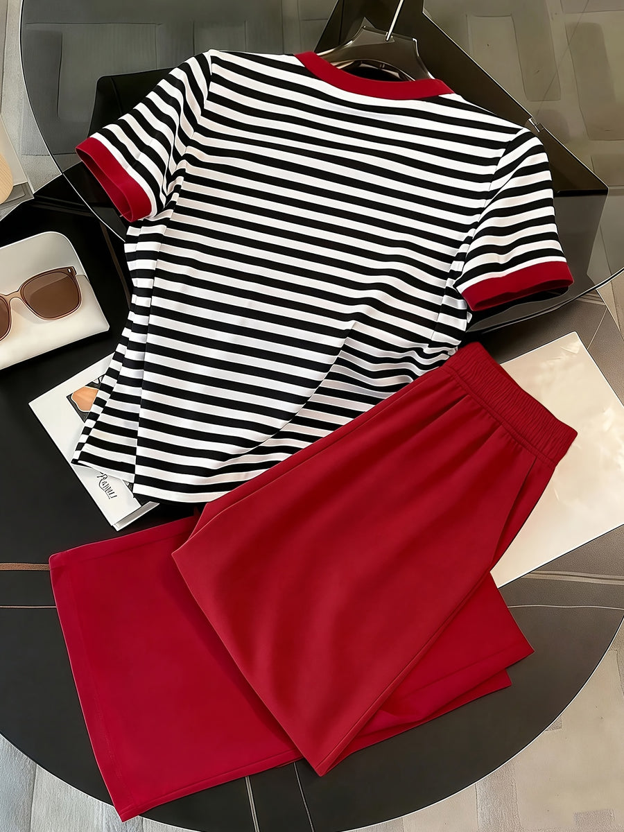 Women'S Black And White Striped Casual Set, Color-Block Trimmed T-Shirt And Red Wide-Leg Pants 2pcs Set, Spring Summer All-Match Style - Red
