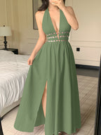 2026 Summer New Bohemian Embroidered Backless Dress, V-Neck Halter Skirt with Flared Hem, French Retro Socialite Vacation Style Long Dress - Military Green