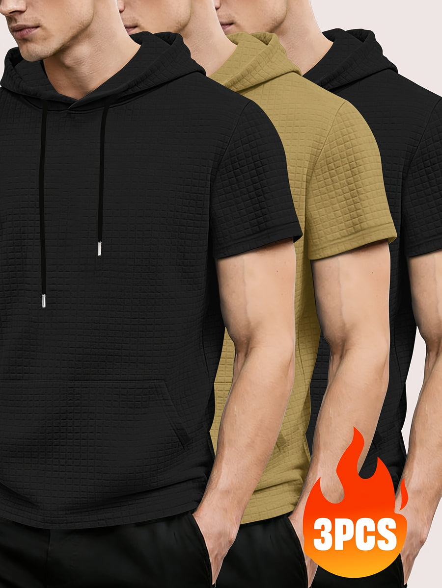 3pcs Men's Waffle Knit Short Sleeve Hoodie with Kangaroo Pocket, Soft and Breathable Fabric, Multiple Color Options, Versatile for Daily Wear, Simple and Stylish Casual Sportswear, Suitable as Matching Family Outfits, Great Choice for Gifts - Black+Khaki+Black
