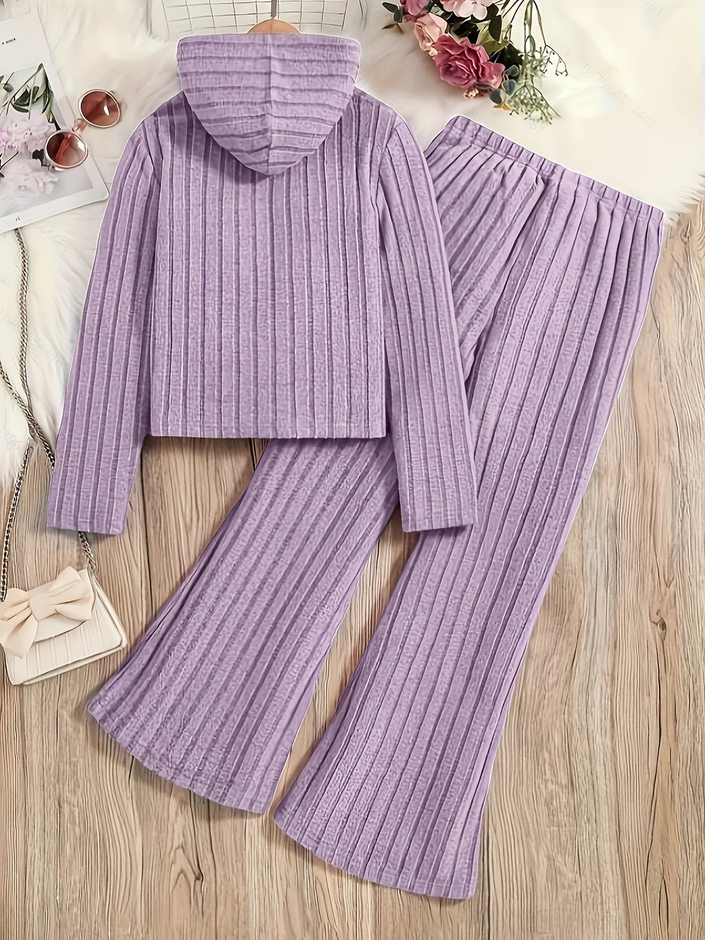A Set of Women's Rib- Cable- Letter-appliqué Hoodie and Flared Pants - Light Purple