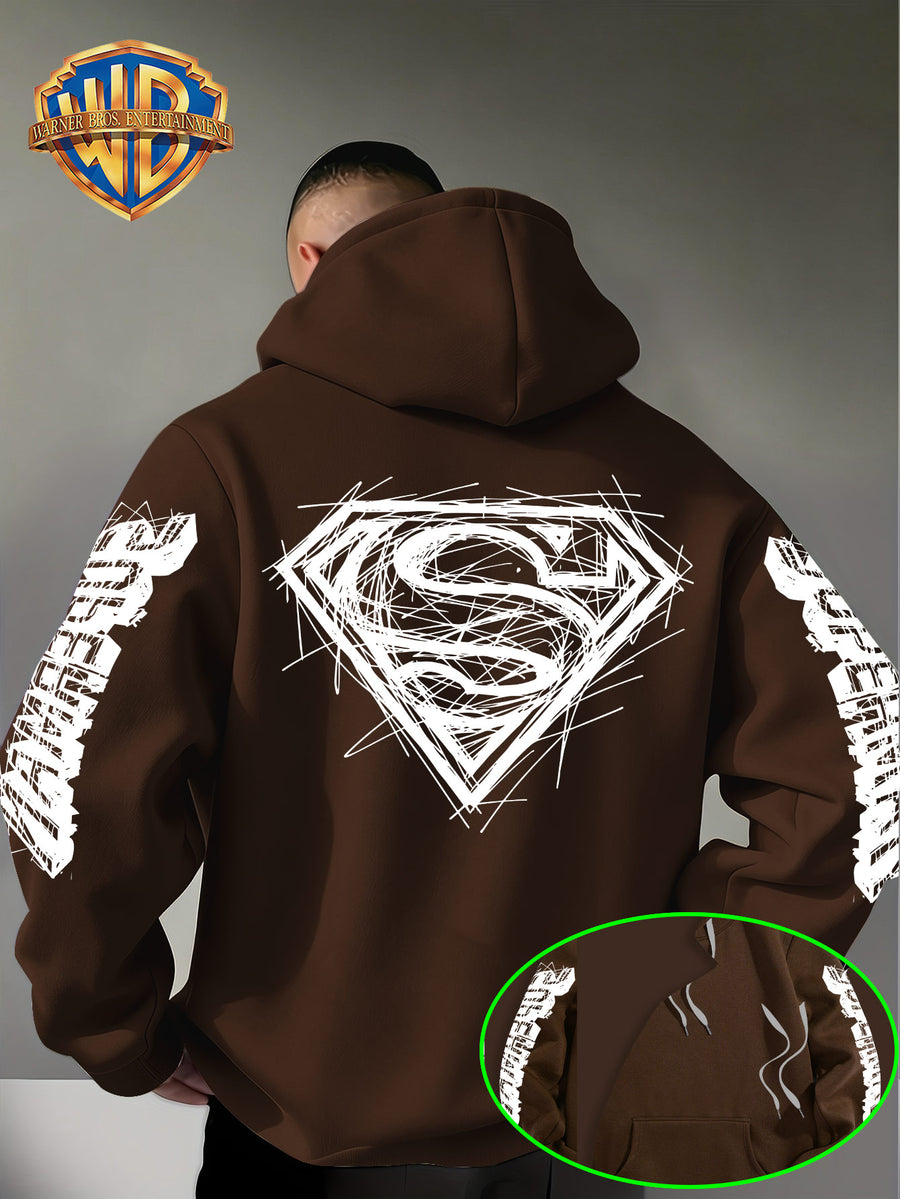 Warner Bros Official Superman Logo Print Men's Trendy Hooded Sweatshirt, Featuring Sleeve Print Design, Kangaroo Pocket, and Drawstring Hood, Suitable for Daily Wear in Autumn and Winter as Well as Outdoor Sports - a Must-have Item for Trend - Coffee Color