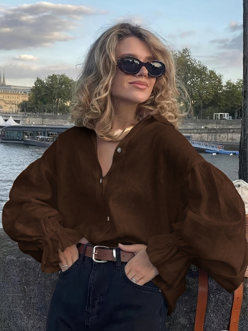 Women'S Lapel Shirt, Loose Puff Sleeve Blouse, Casual Long Sleeve Top, French Style Elegant Women'S Shirt - Olive Brown