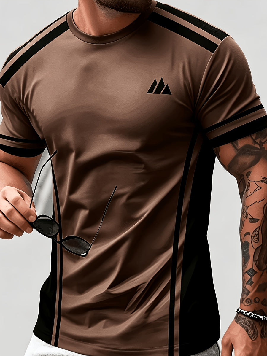 Men'S Trendy Casual Sports T-Shirt, Yellow Black Contrast Striped Mountain Peak Small Label Print Design, Fashionable Thin Breathable T-Shirt, Machine Washable Casual Short Sleeve Top - Mixed Color 15