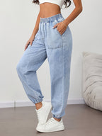 2026 Spring/Summer New Soft Denim Jogger Pants, Fashionable Women's Hot Outfit, Light Blue High-Waisted Elastic Waistband Cargo Harem Pants, Loose Fit Casual Women's Jeans, Large Pocket Waistband with Built-in Elastic Band Denim Long Pants - Light Blue